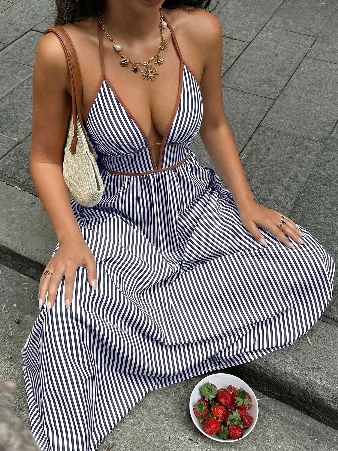 Striped halter neck maxi dress - Godess beauty  #