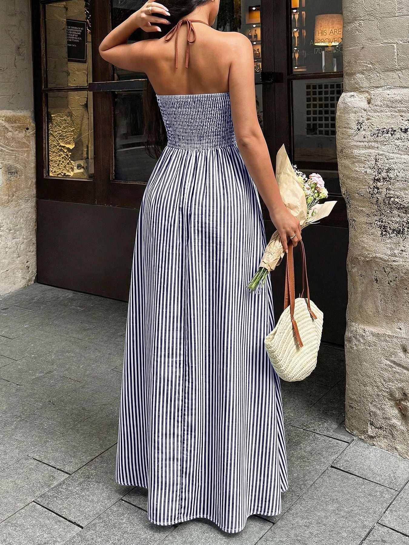 Striped halter neck maxi dress - Godess beauty  #