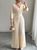 Surplice Pleated Wide Leg Jumpsuit - Godess beauty  #