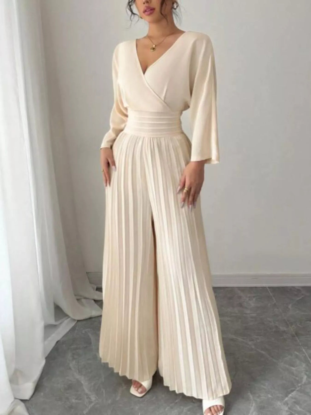 Surplice Pleated Wide Leg Jumpsuit - Godess beauty  #
