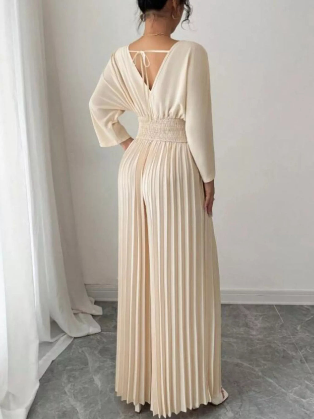Surplice Pleated Wide Leg Jumpsuit - Godess beauty  #