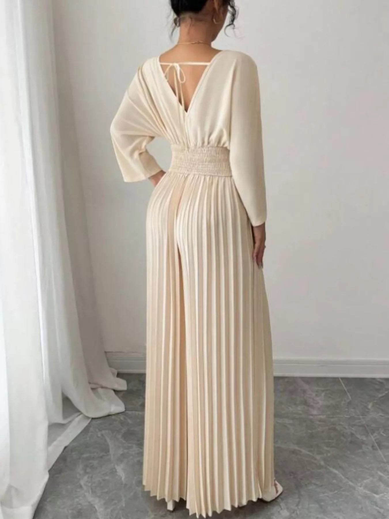 Surplice Pleated Wide Leg Jumpsuit - Godess beauty  #