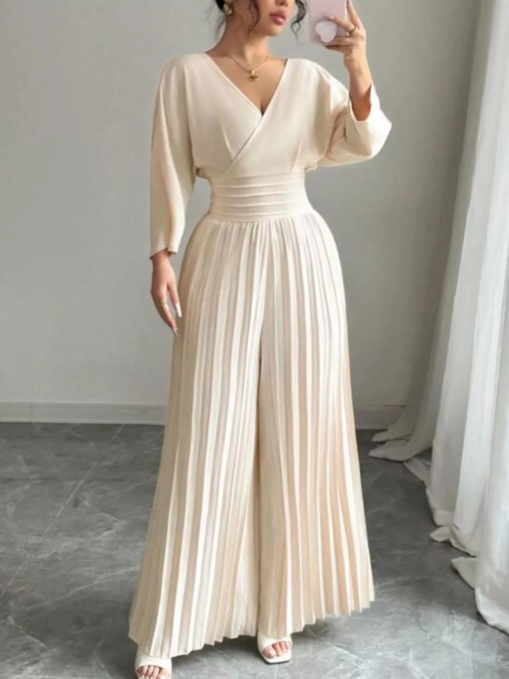 Surplice Pleated Wide Leg Jumpsuit - Godess beauty  #