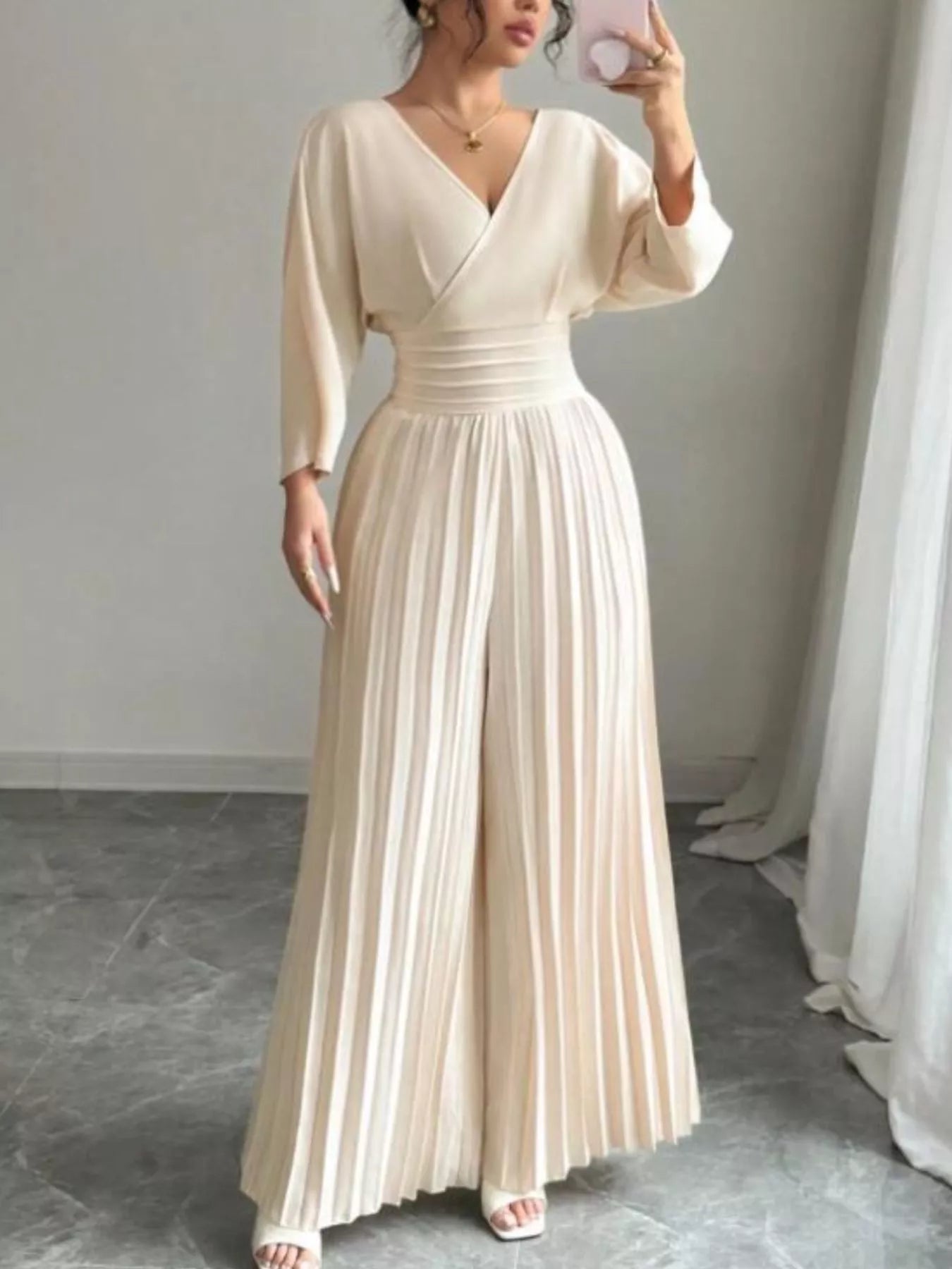 Surplice Pleated Wide Leg Jumpsuit - Godess beauty  #