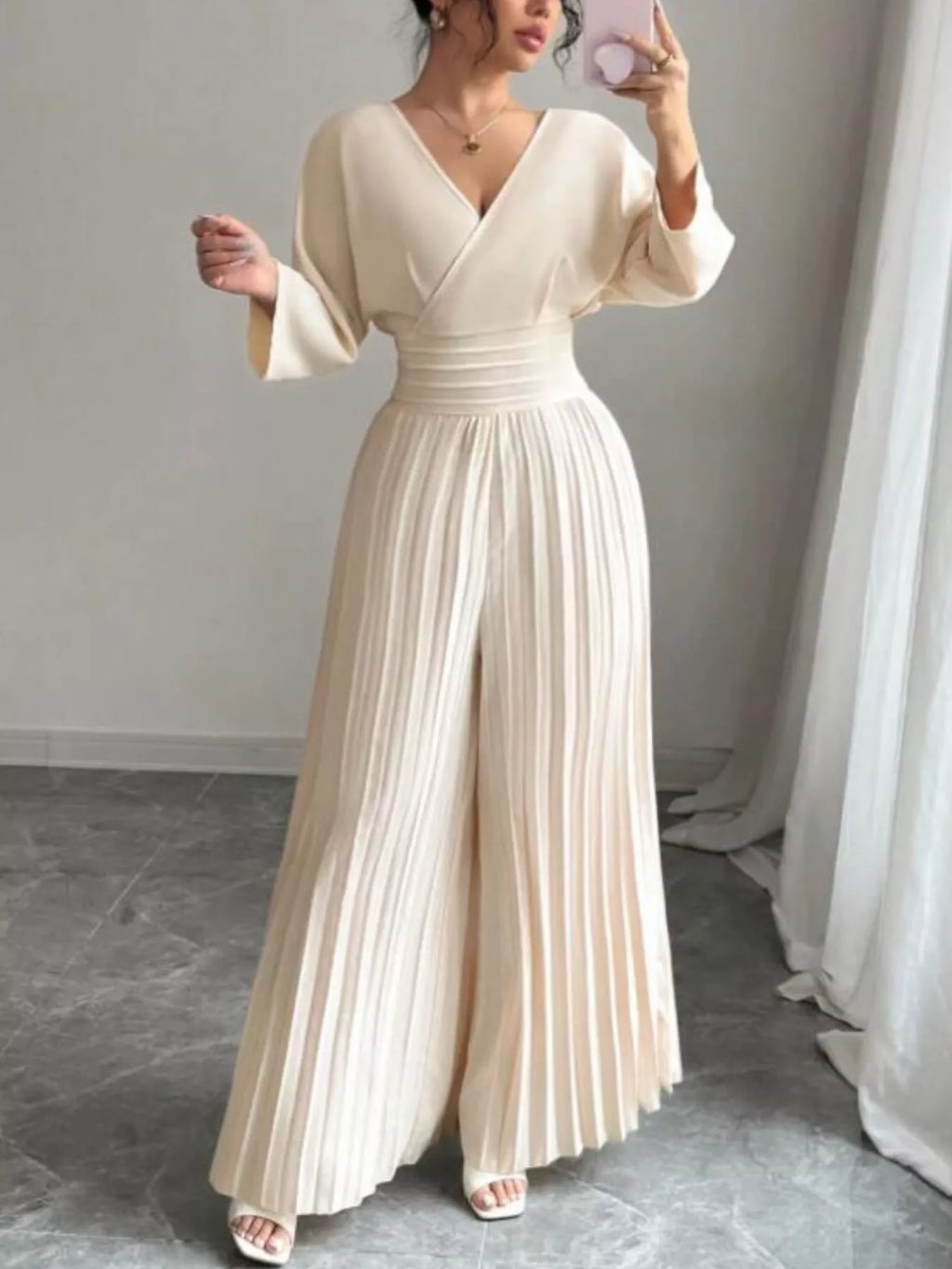 Surplice Pleated Wide Leg Jumpsuit - Godess beauty  #