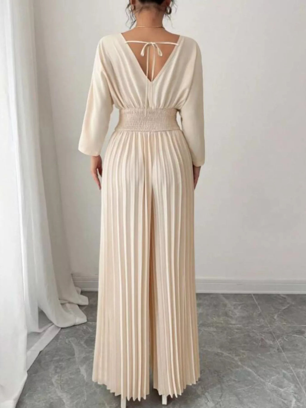 Surplice Pleated Wide Leg Jumpsuit - Godess beauty  #