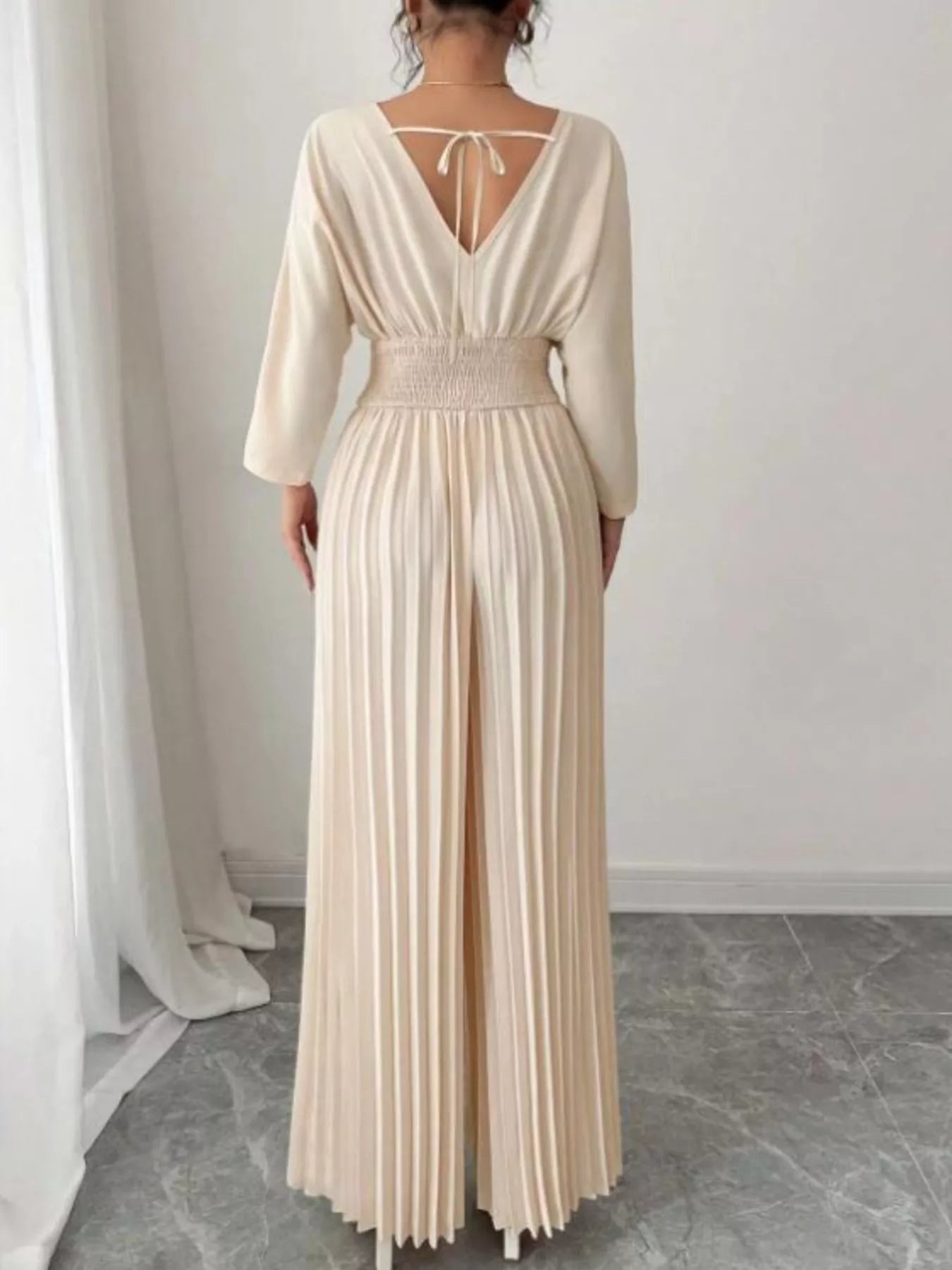 Surplice Pleated Wide Leg Jumpsuit - Godess beauty  #
