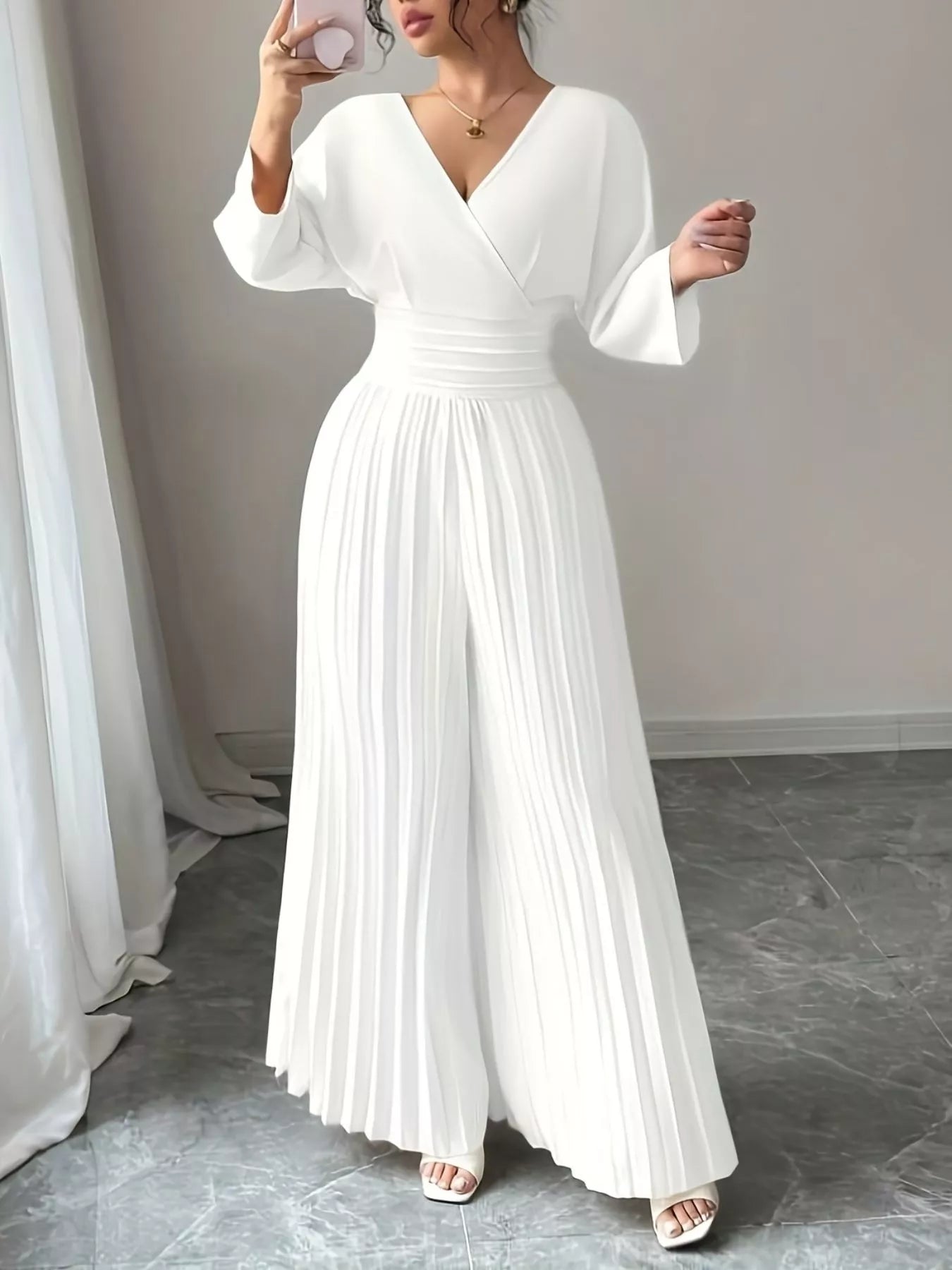 Surplice Pleated Wide Leg Jumpsuit - Godess beauty  #
