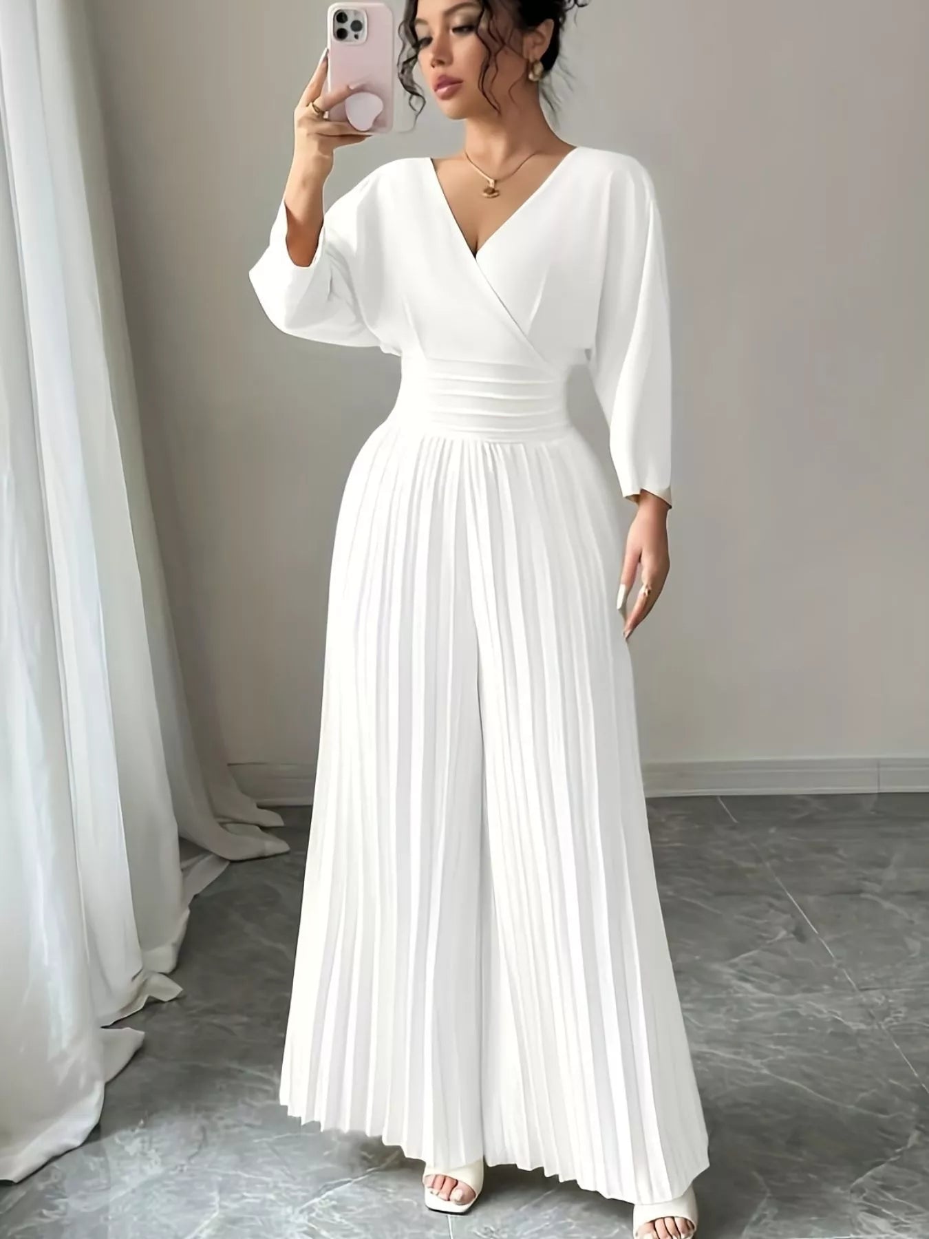 Surplice Pleated Wide Leg Jumpsuit - Godess beauty  #