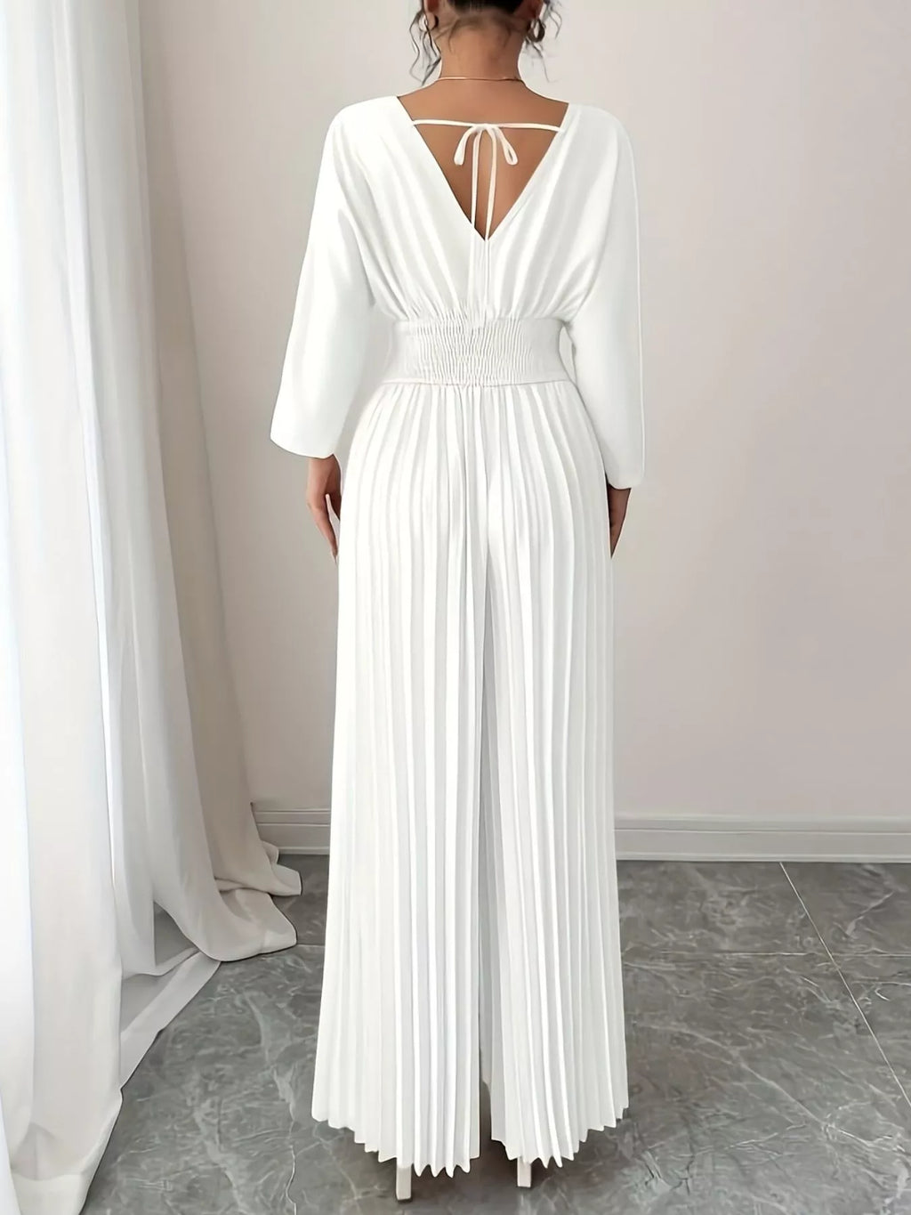Surplice Pleated Wide Leg Jumpsuit - Godess beauty  #