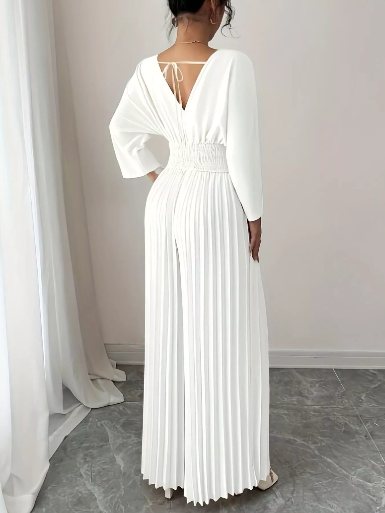 Surplice Pleated Wide Leg Jumpsuit - Godess beauty  #