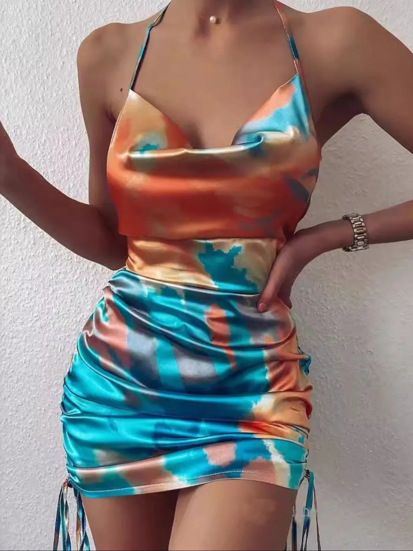 Tie-Dye Halter Ruched Mini Dress with Side Drawstring - Godess beauty  #