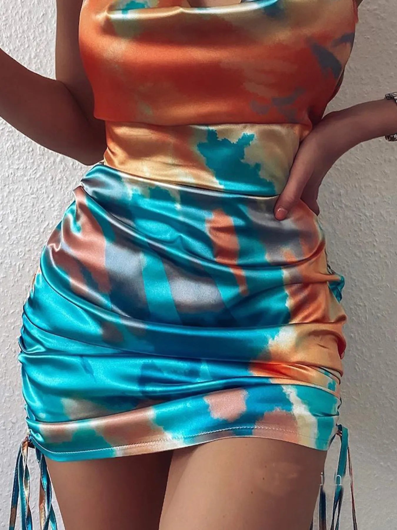 Tie-Dye Halter Ruched Mini Dress with Side Drawstring - Godess beauty  #