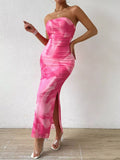 Tie-Dye Ruched Bodycon Tube Slit Dress - Godess beauty  #