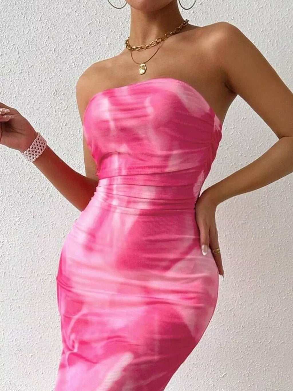 Tie-Dye Ruched Bodycon Tube Slit Dress - Godess beauty  #