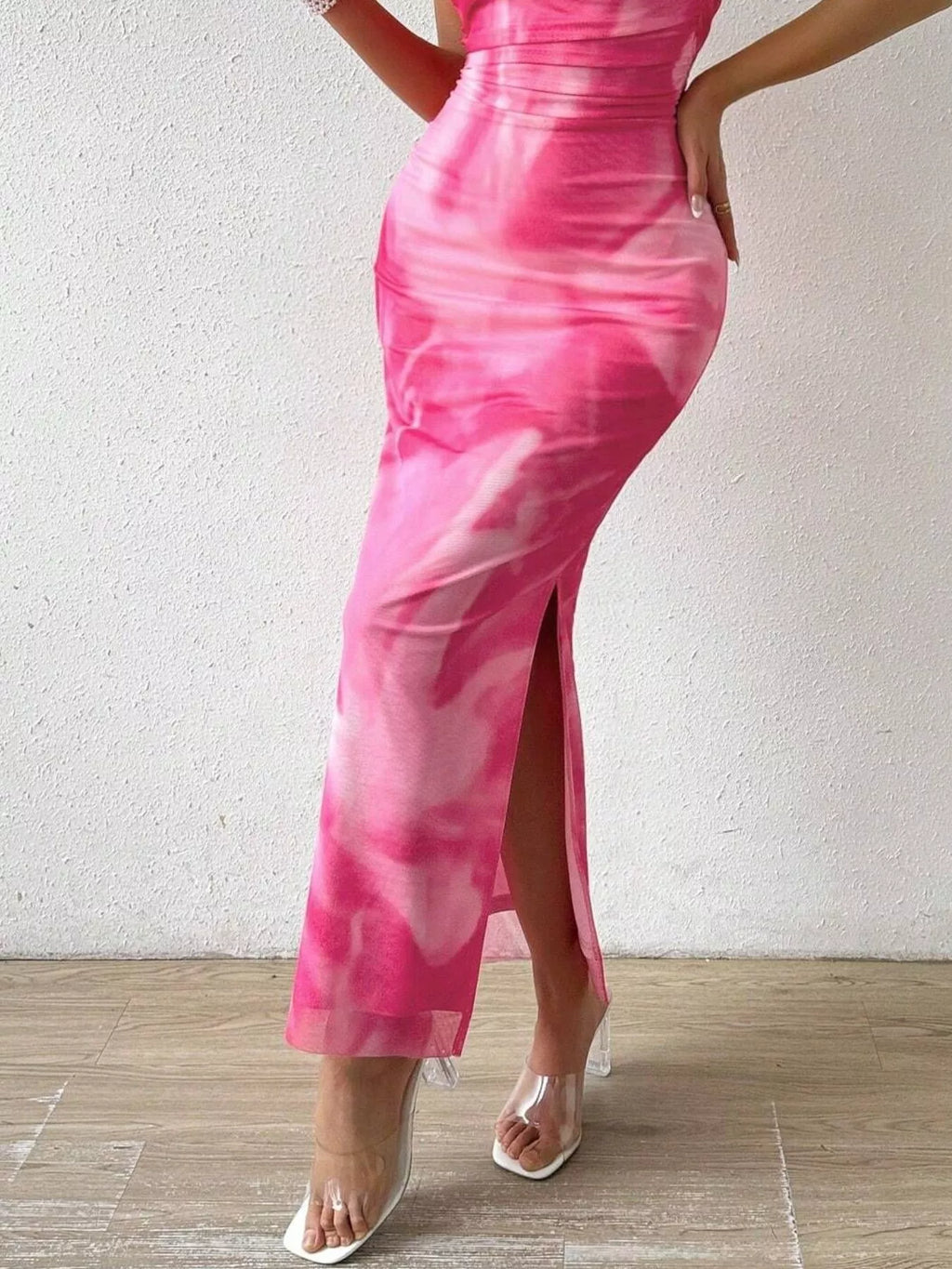 Tie-Dye Ruched Bodycon Tube Slit Dress - Godess beauty  #