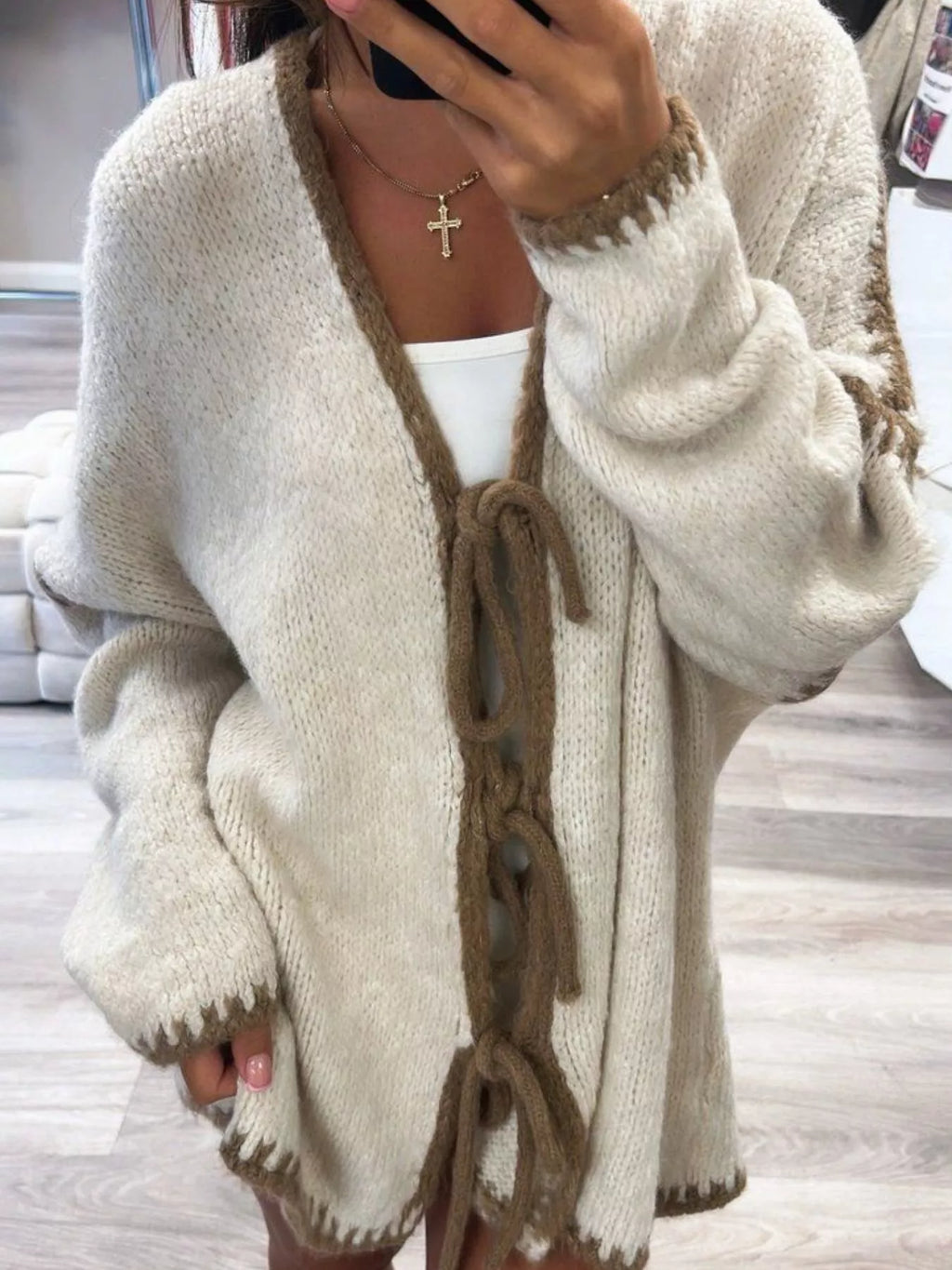 Tie Front Drop Shoulder Cardigan - Godess Beauty  #