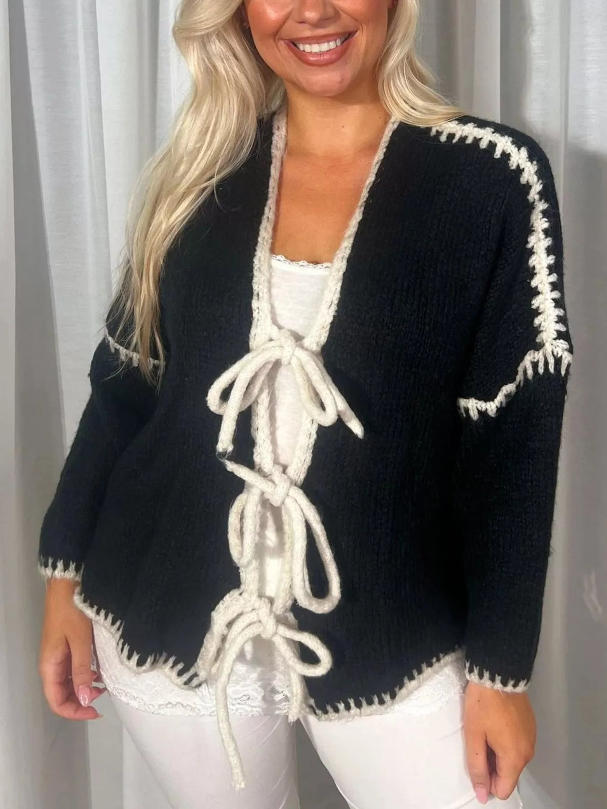 Tie Front Drop Shoulder Cardigan - Godess Beauty  #