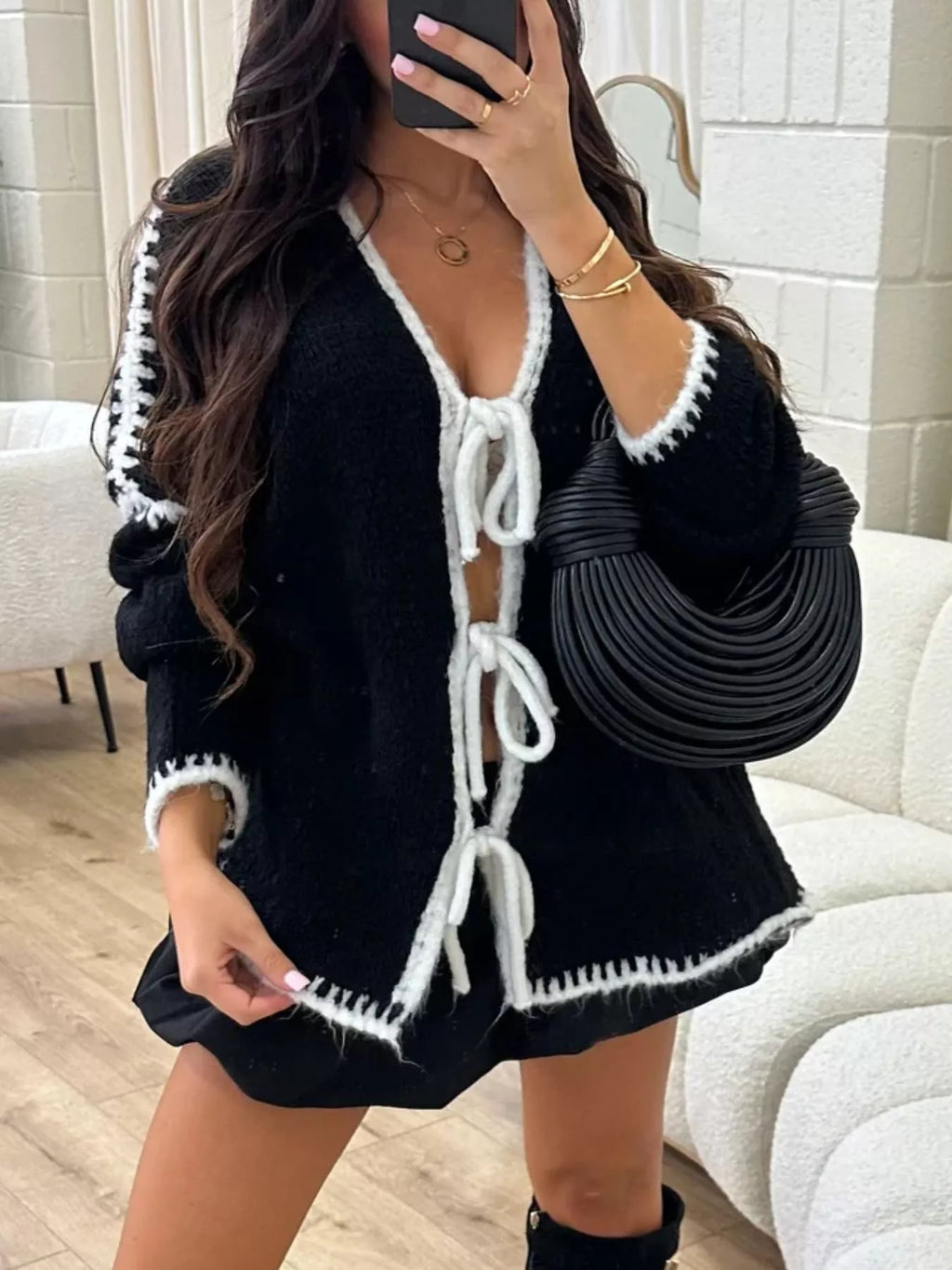 Tie Front Drop Shoulder Cardigan - Godess Beauty  #