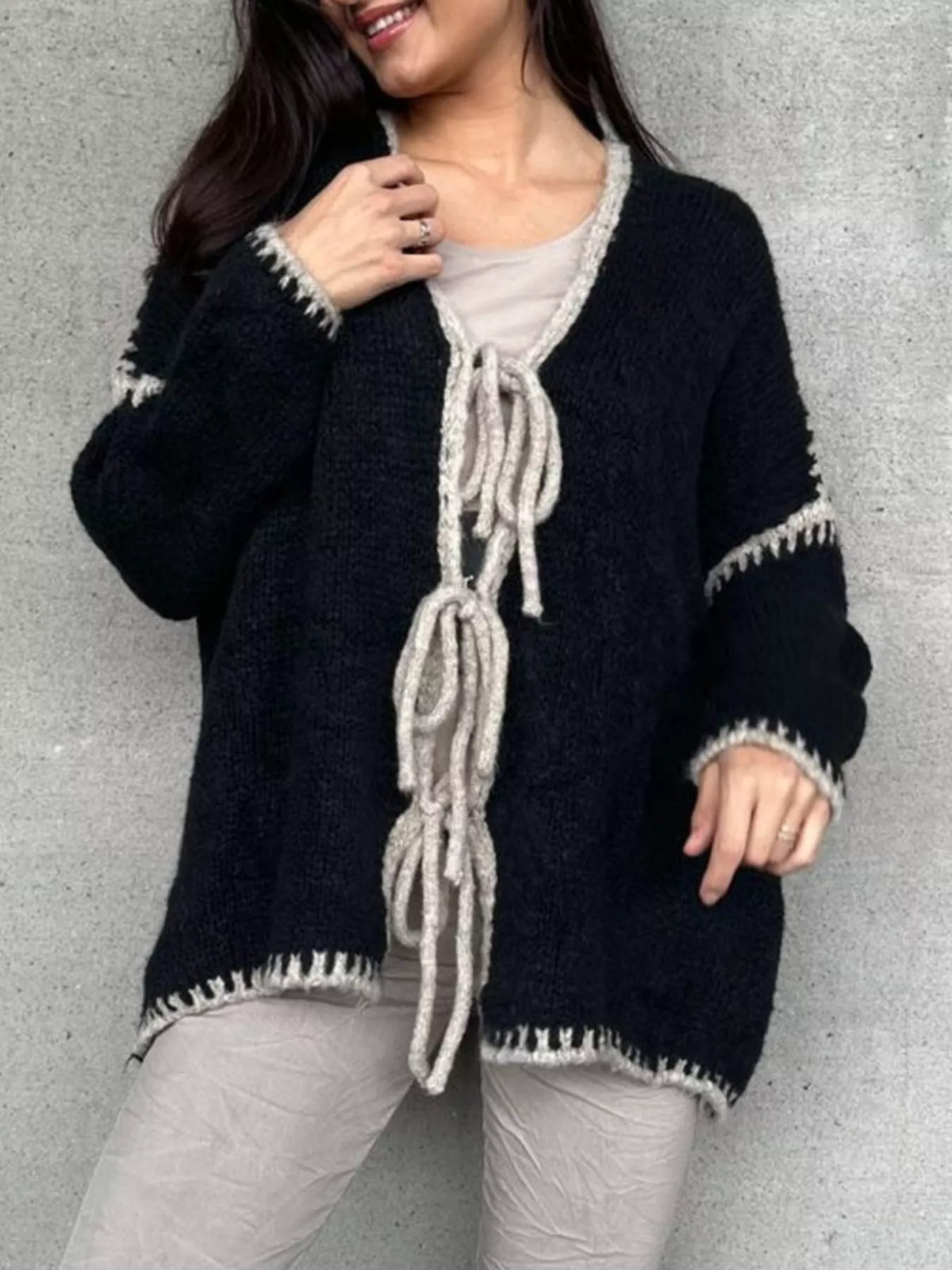 Tie Front Drop Shoulder Cardigan - Godess Beauty  #