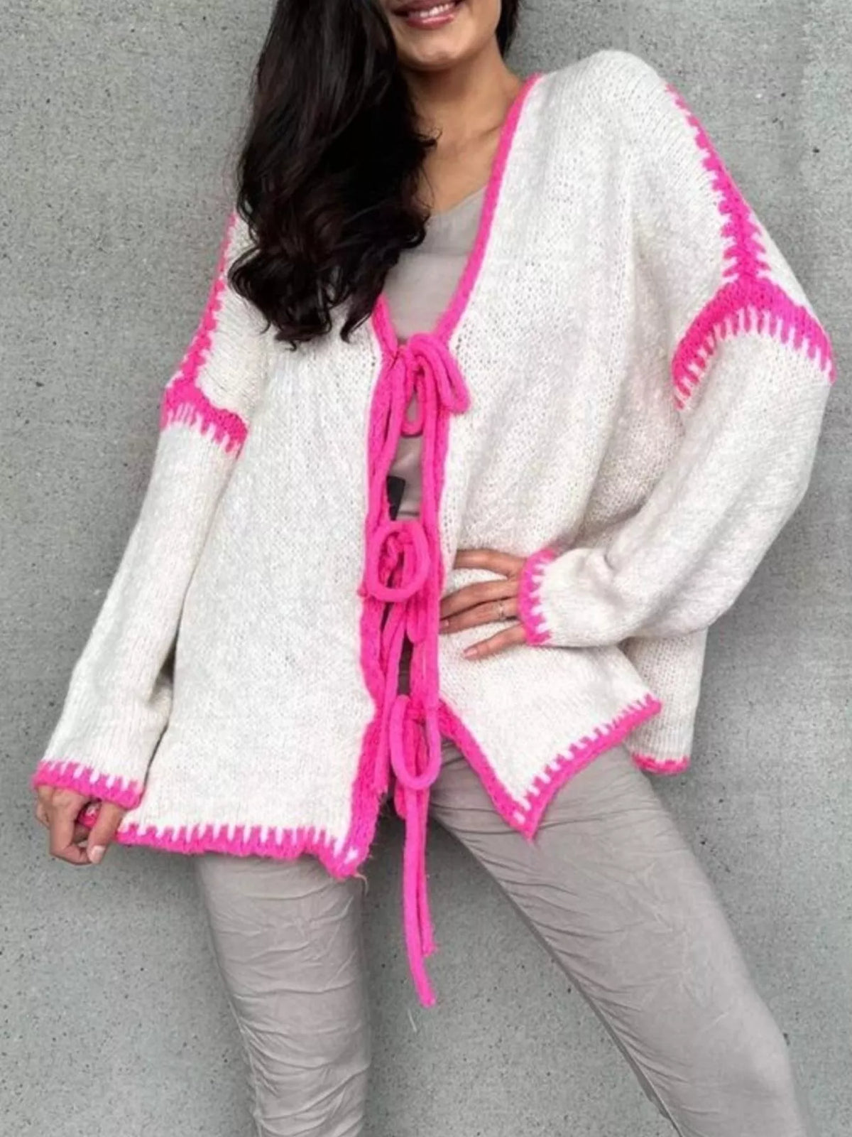 Tie Front Drop Shoulder Cardigan - Godess Beauty  #