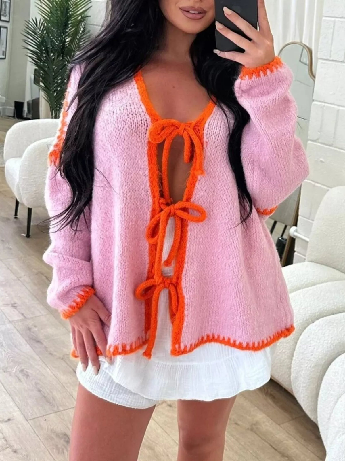 Tie Front Drop Shoulder Cardigan - Godess Beauty  #