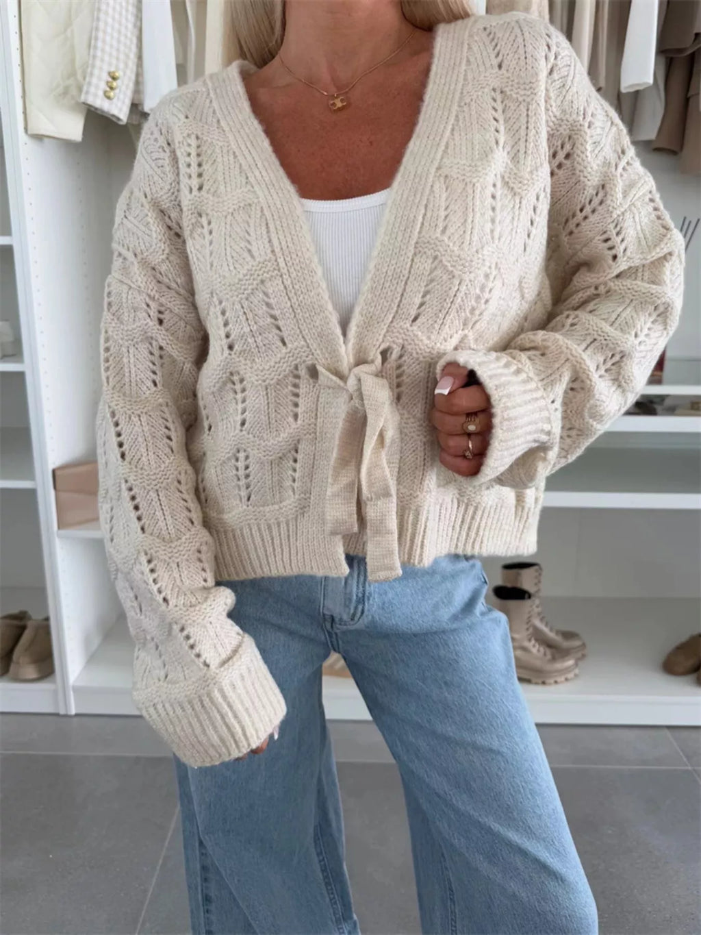 Tie-Front Openwork Cardigan - Godess Beauty  #