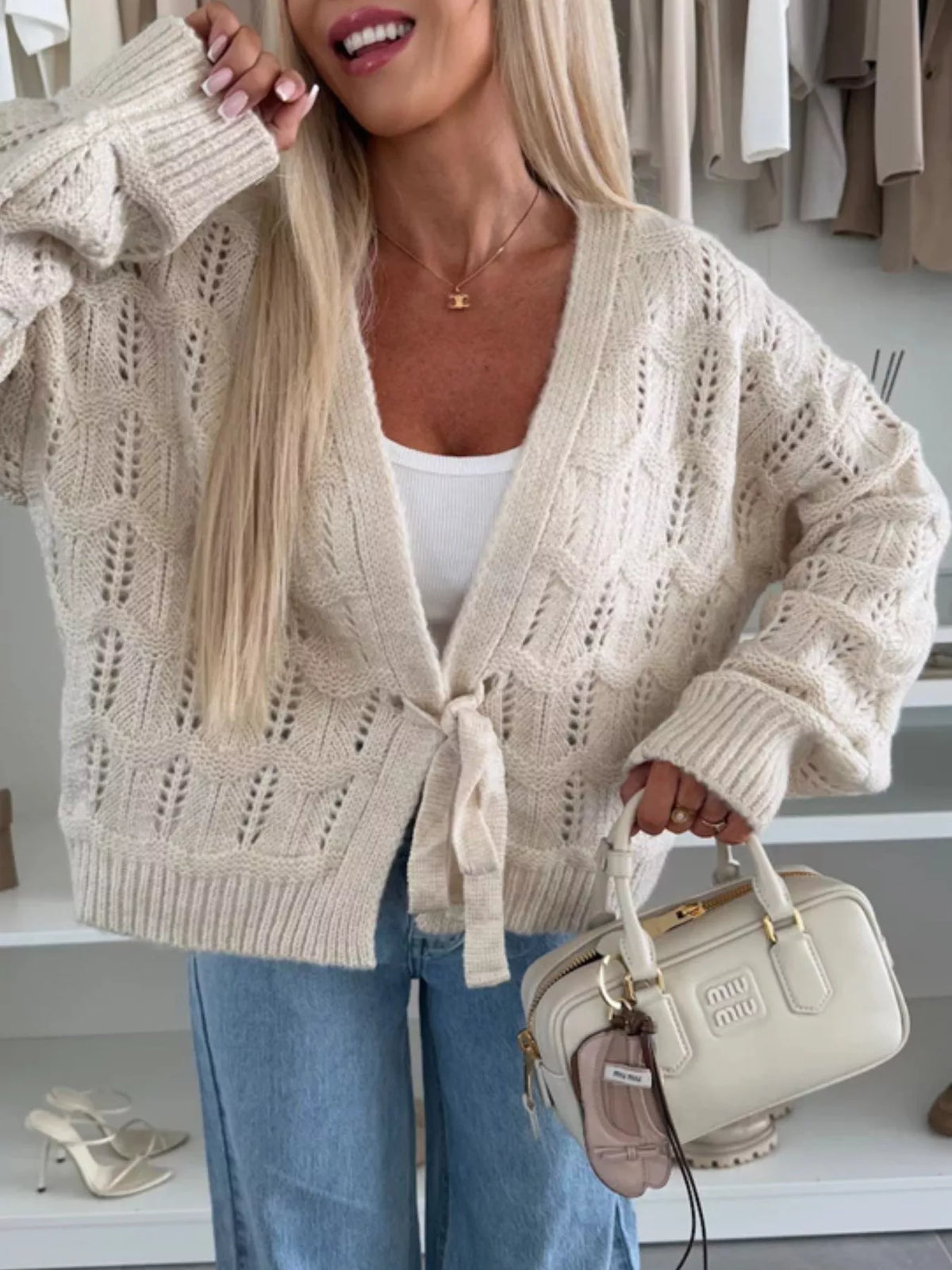 Tie-Front Openwork Cardigan - Godess Beauty  #
