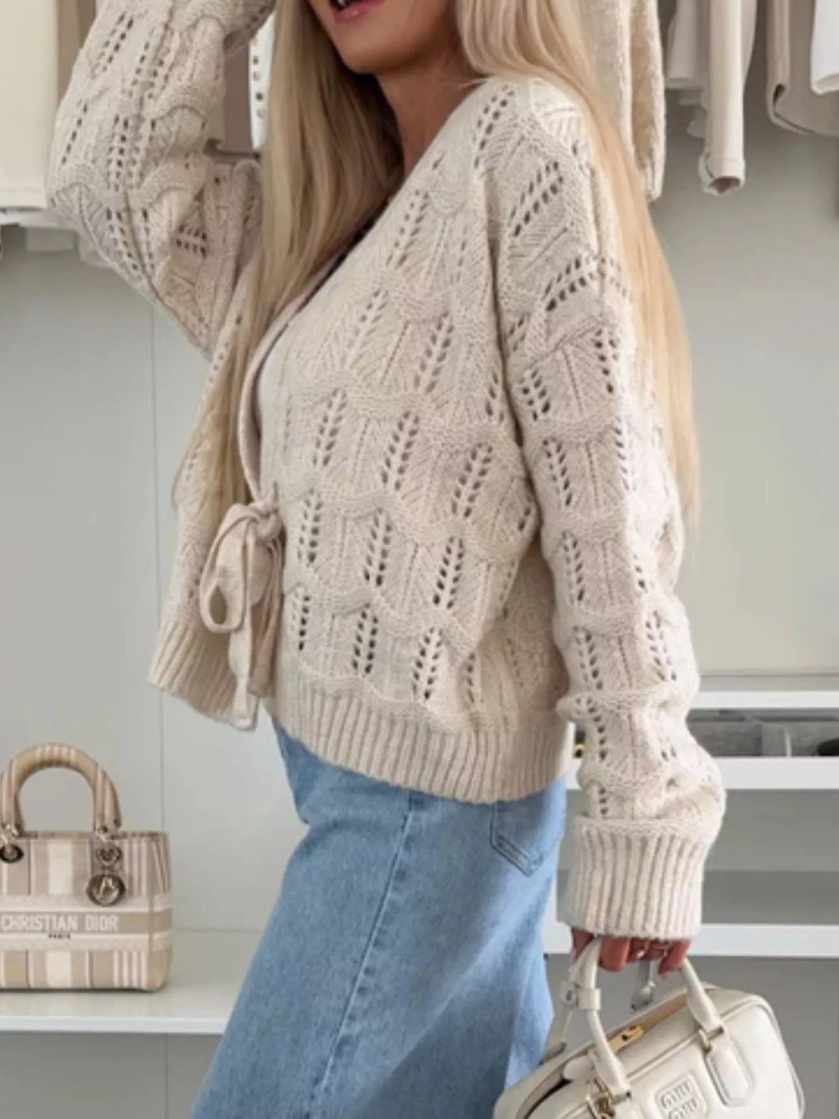 Tie-Front Openwork Cardigan - Godess Beauty  #