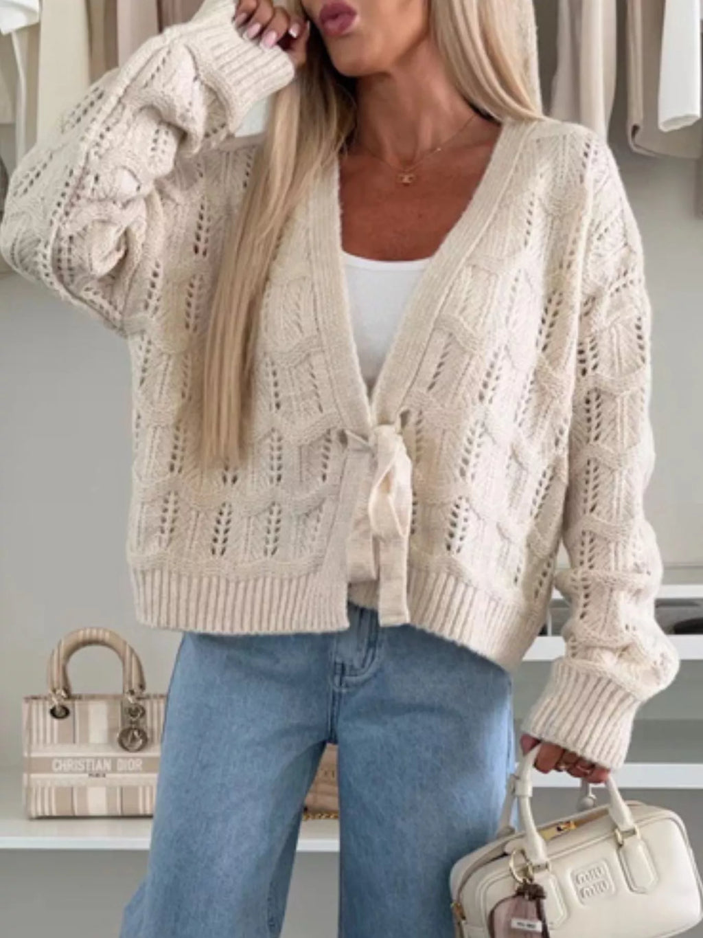 Tie-Front Openwork Cardigan - Godess Beauty  #