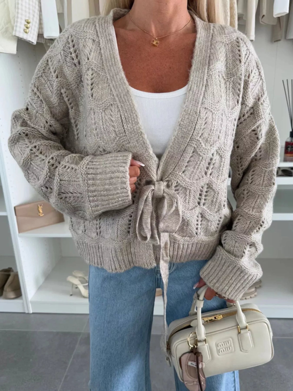 Tie-Front Openwork Cardigan - Godess Beauty  #