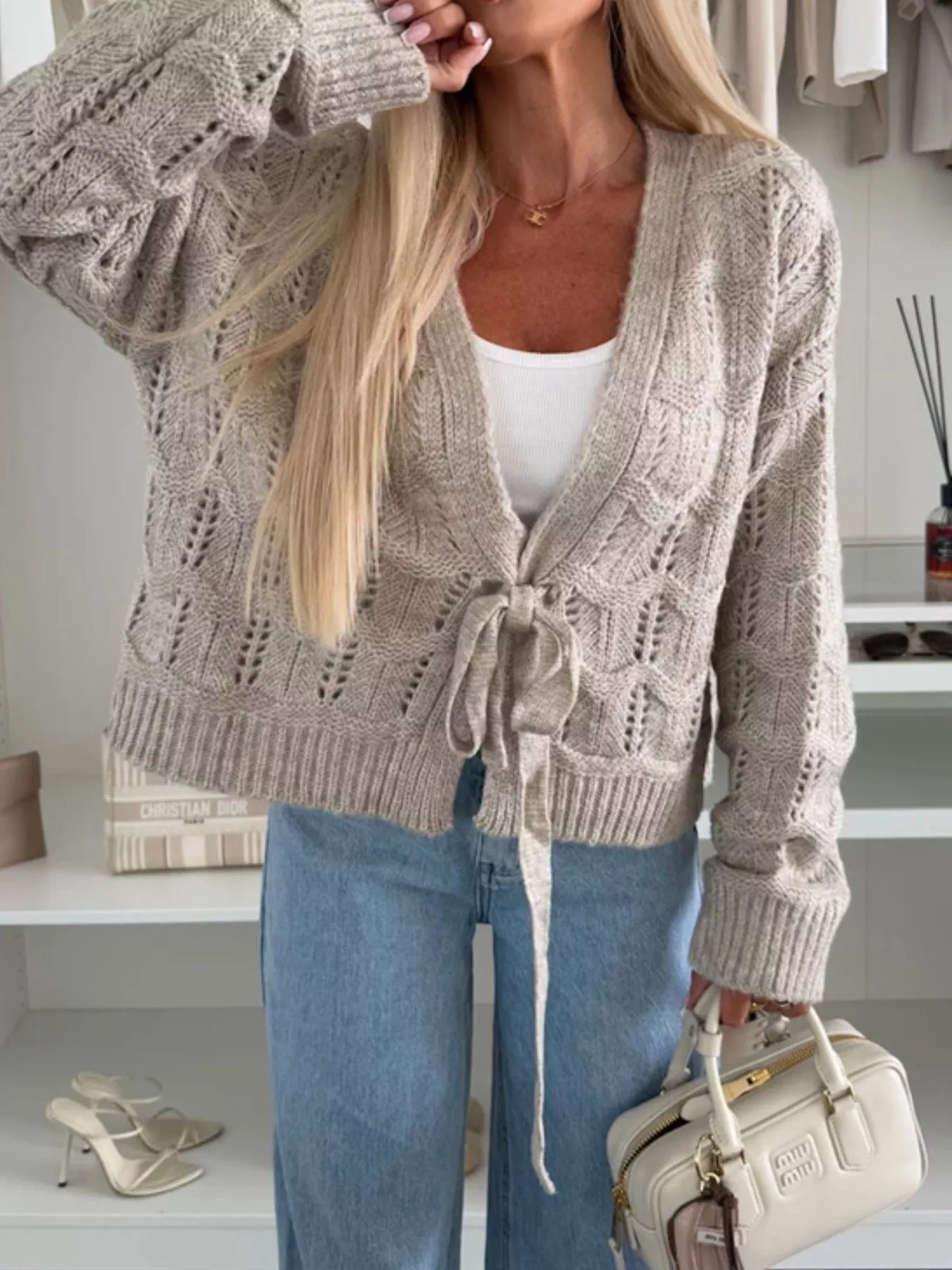Tie-Front Openwork Cardigan - Godess Beauty  #