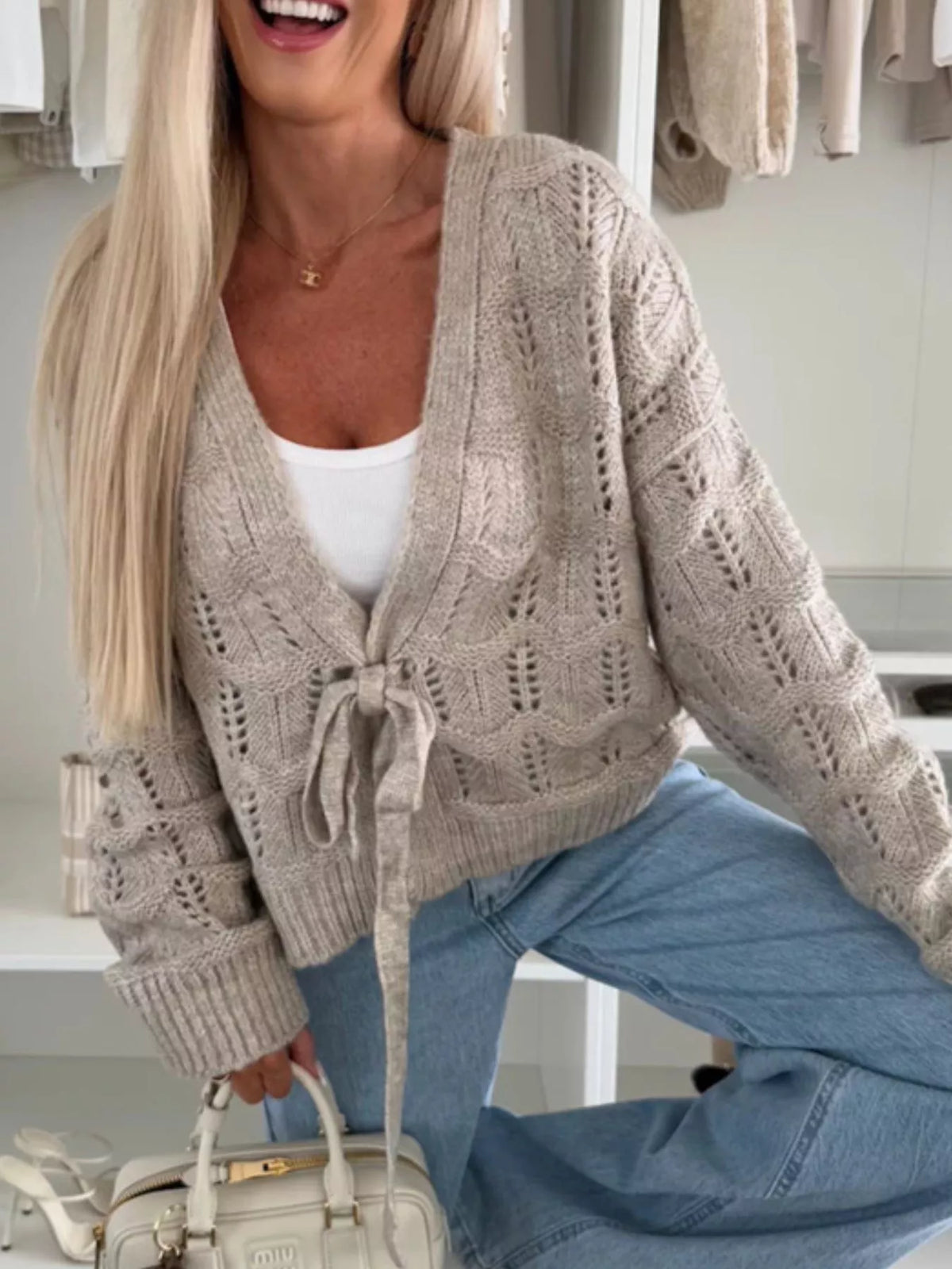 Tie-Front Openwork Cardigan - Godess Beauty  #