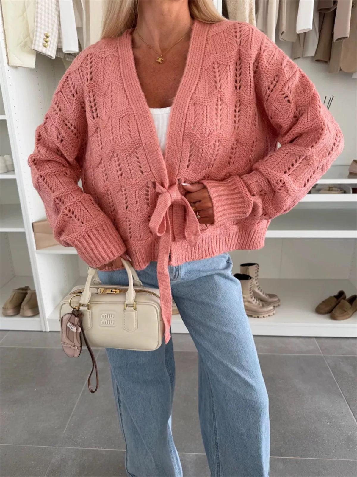 Tie-Front Openwork Cardigan - Godess Beauty  #
