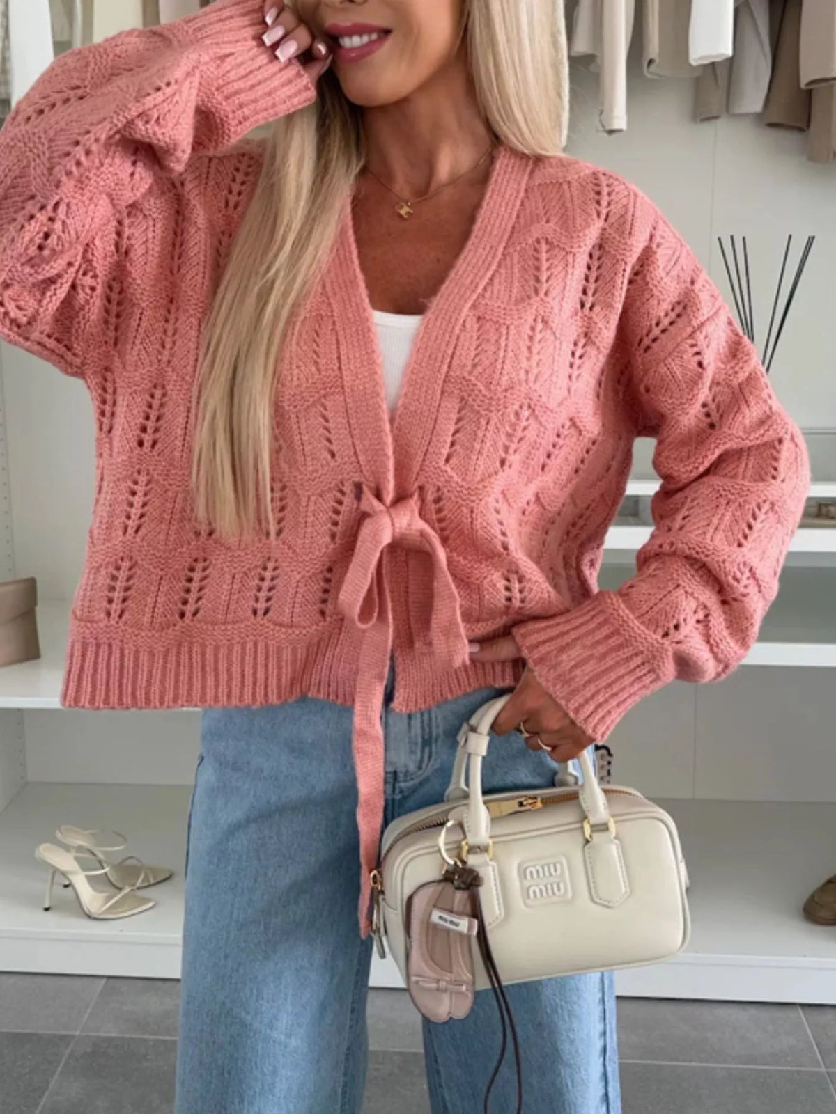 Tie-Front Openwork Cardigan - Godess Beauty  #
