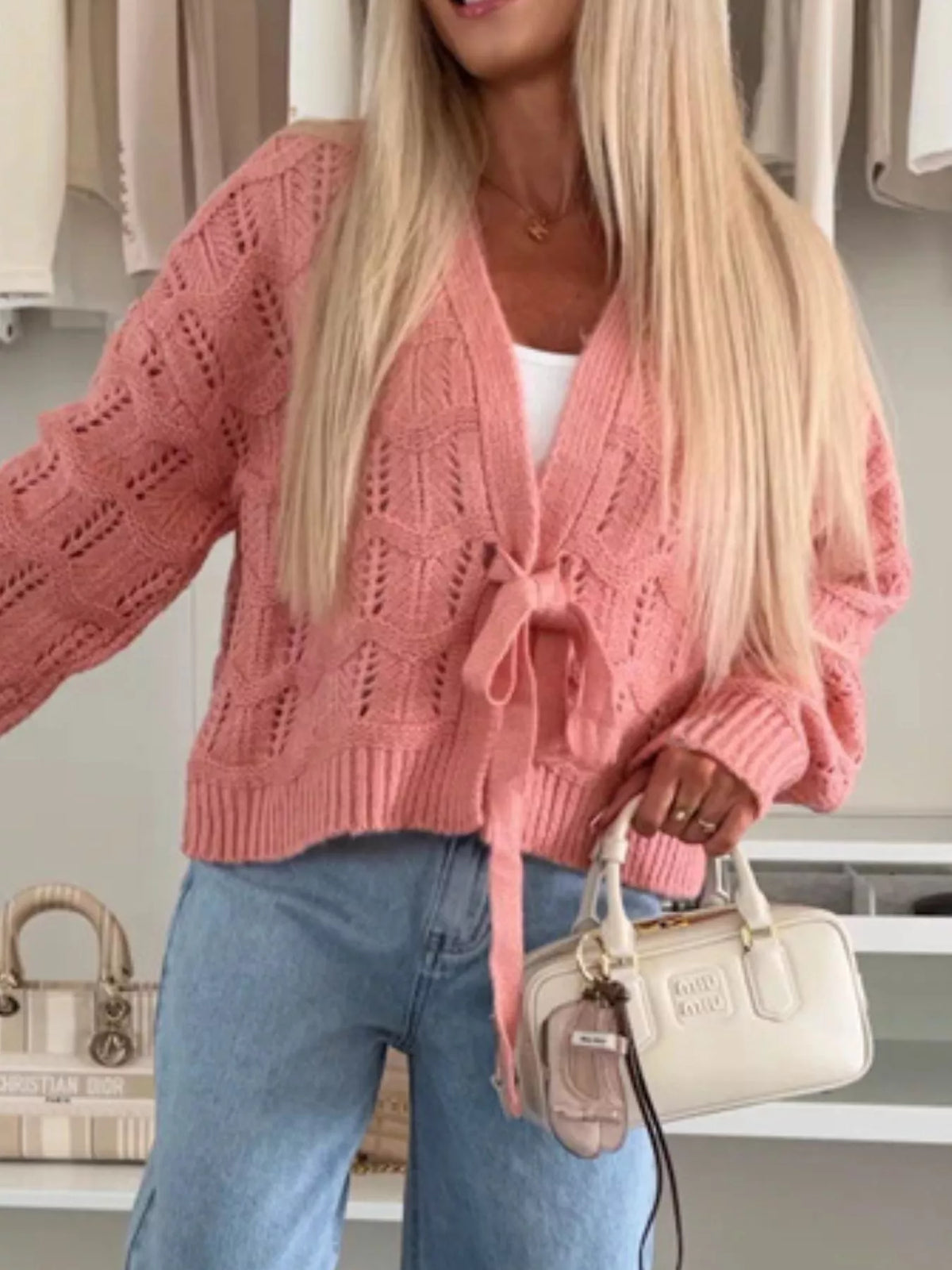 Tie-Front Openwork Cardigan - Godess Beauty  #