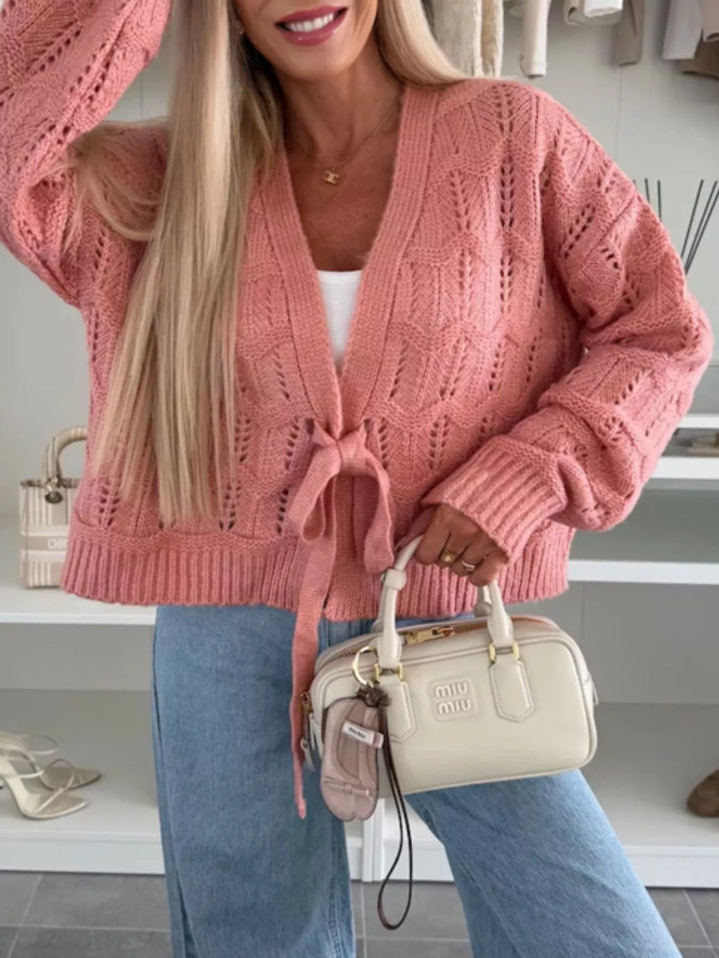 Tie-Front Openwork Cardigan - Godess Beauty  #