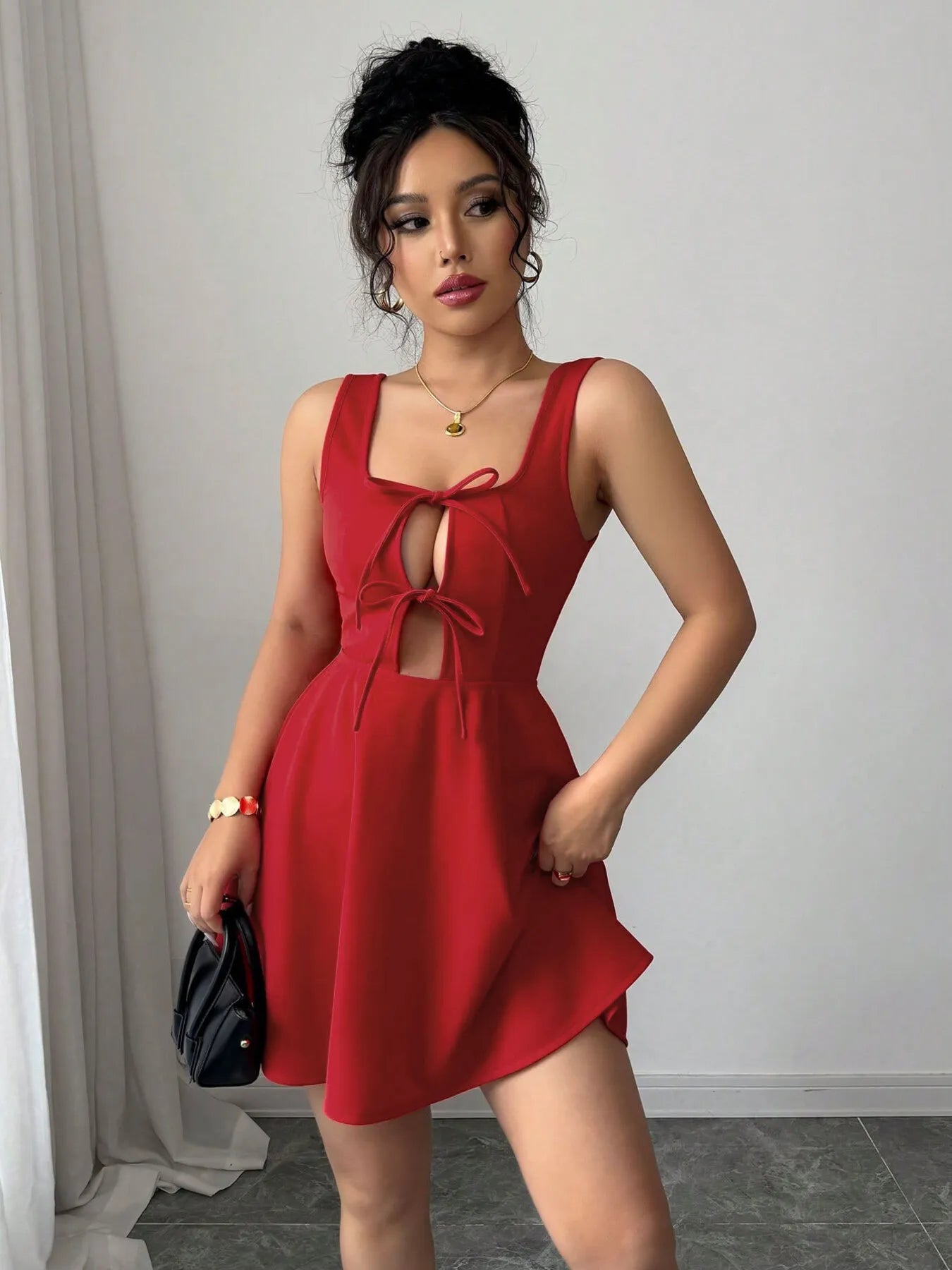 Tie Front Wide Strap Dress - Godess beauty  #