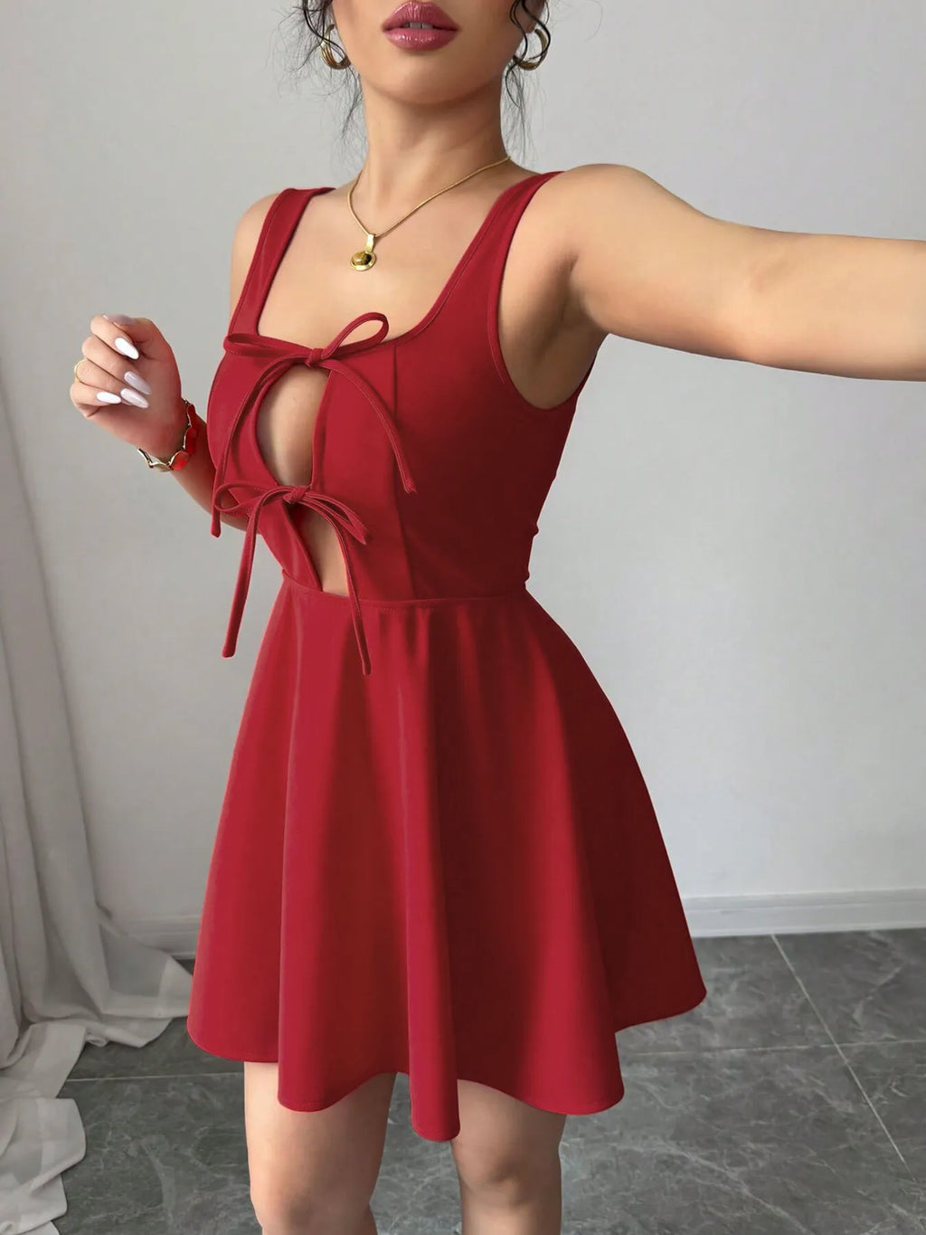 Tie Front Wide Strap Dress - Godess beauty  #