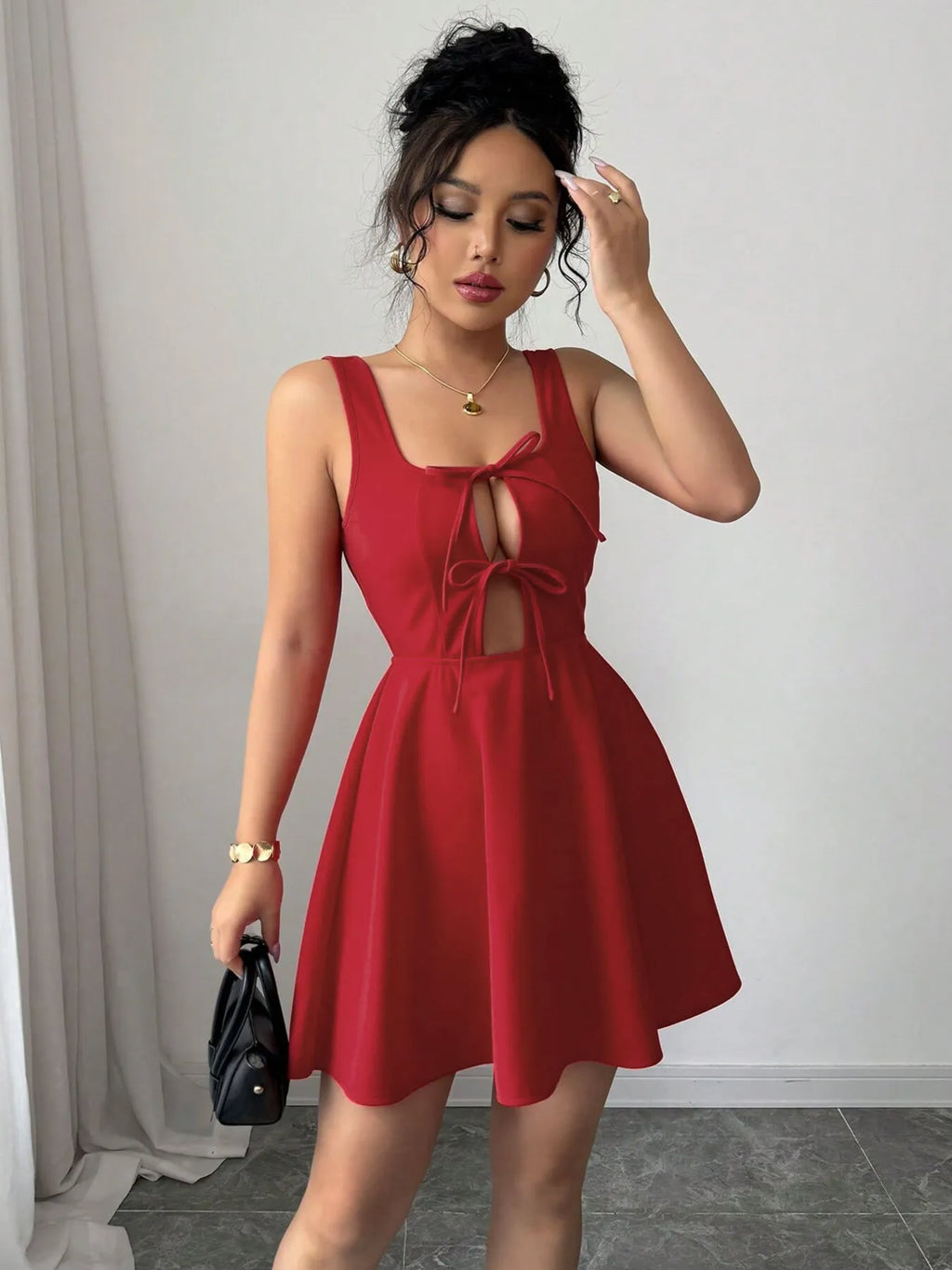 Tie Front Wide Strap Dress - Godess beauty  #