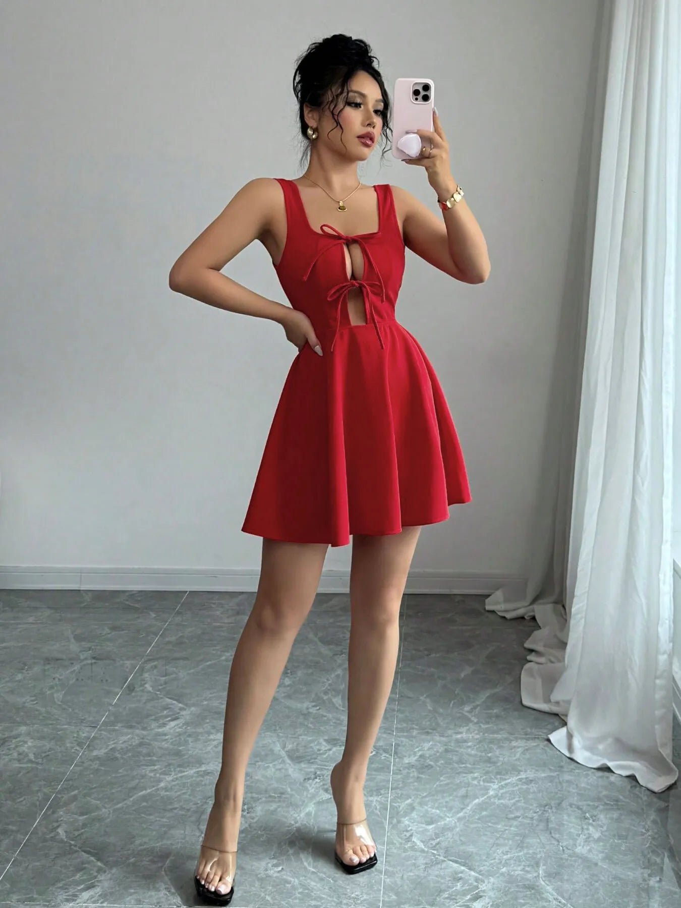 Tie Front Wide Strap Dress - Godess beauty  #