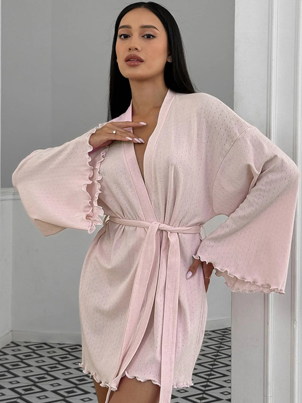 Tie Waist Kimono Sleeve Lounge Nightgown - Godess beauty  #