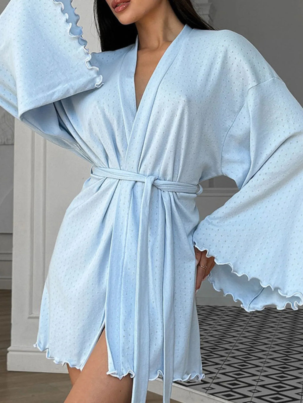 Tie Waist Kimono Sleeve Lounge Nightgown - Godess beauty  #