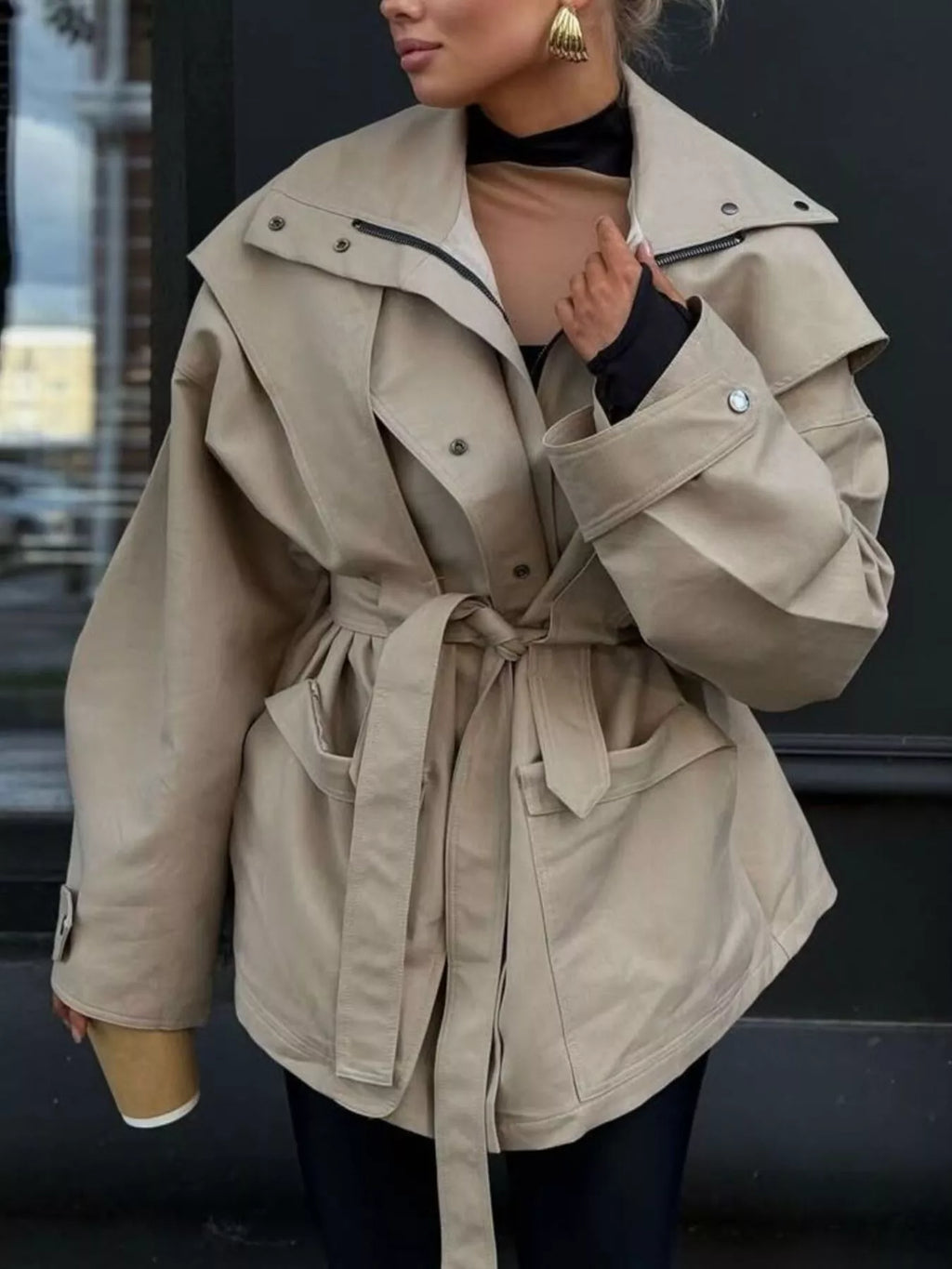 Tie Waist Snap Down Trench Coat - Godess Beauty  #