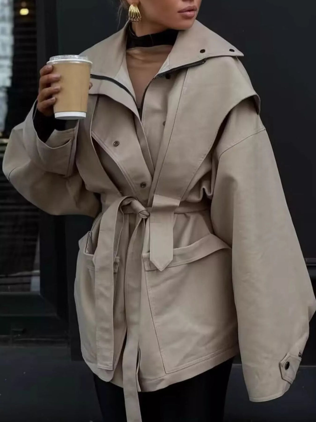 Tie Waist Snap Down Trench Coat - Godess Beauty  #