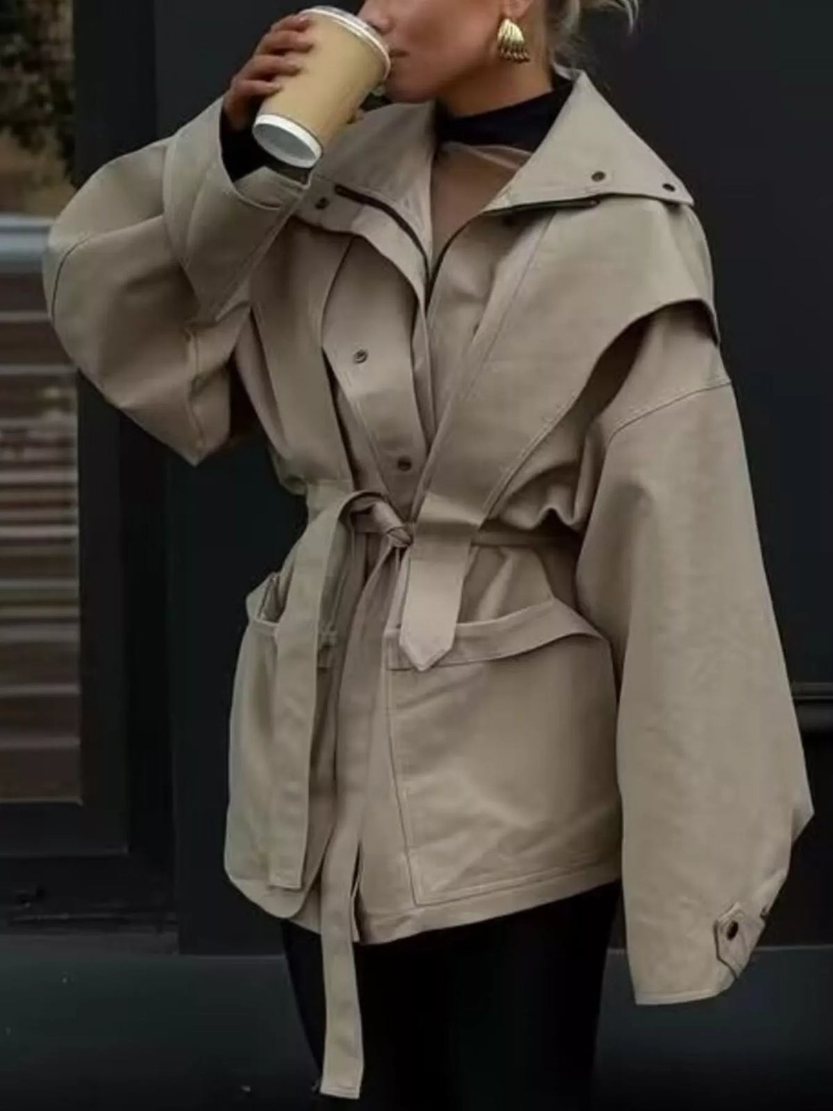 Tie Waist Snap Down Trench Coat - Godess Beauty  #