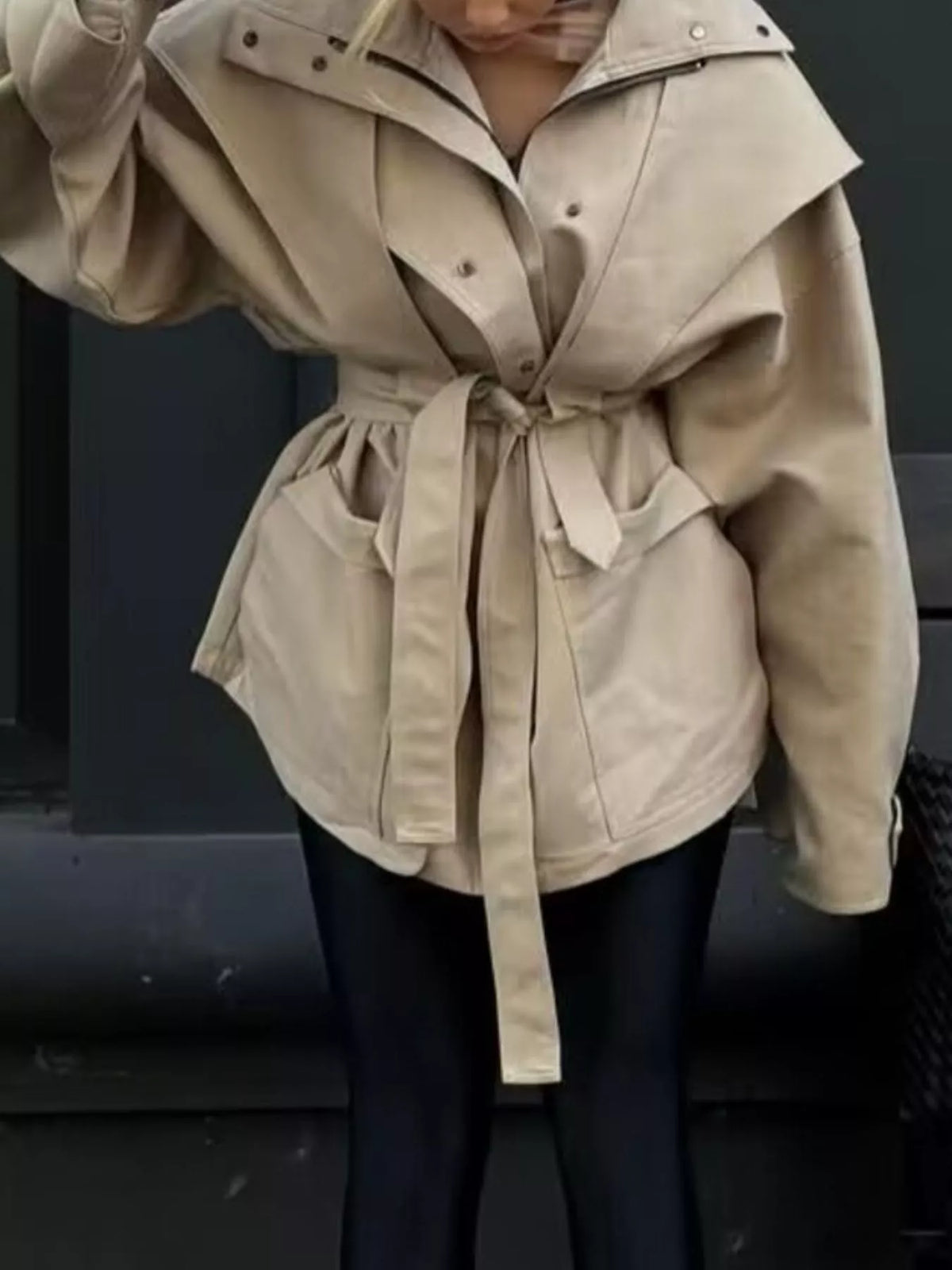 Tie Waist Snap Down Trench Coat - Godess Beauty  #