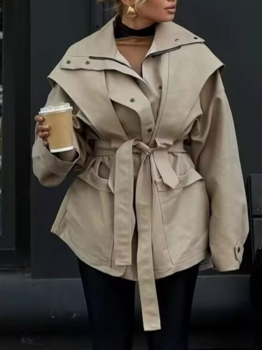 Tie Waist Snap Down Trench Coat - Godess Beauty  #