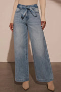 Tied Wide Leg Jeans with Pockets - Godess beauty  #