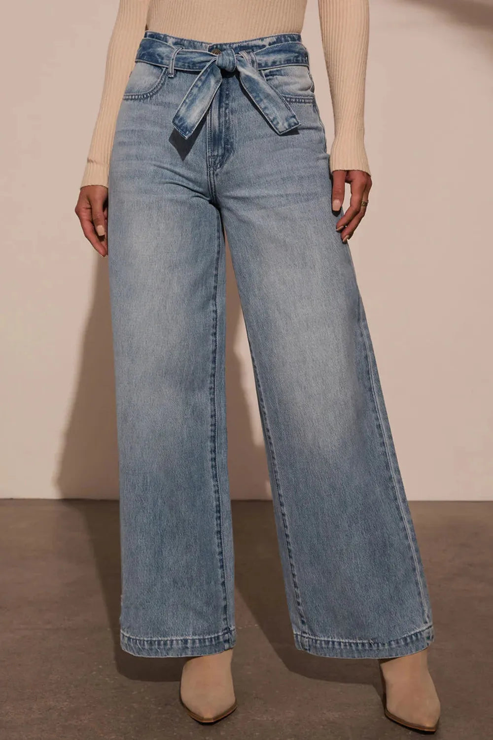 Tied Wide Leg Jeans with Pockets - Godess beauty  #